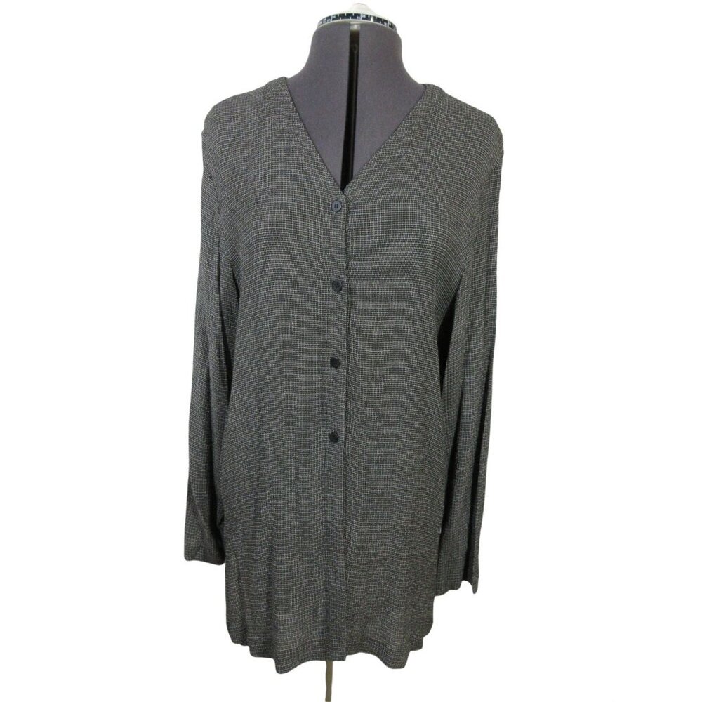 Eileen Fisher‎ women's long sleeve textured woven rayon v-neck tunic top M